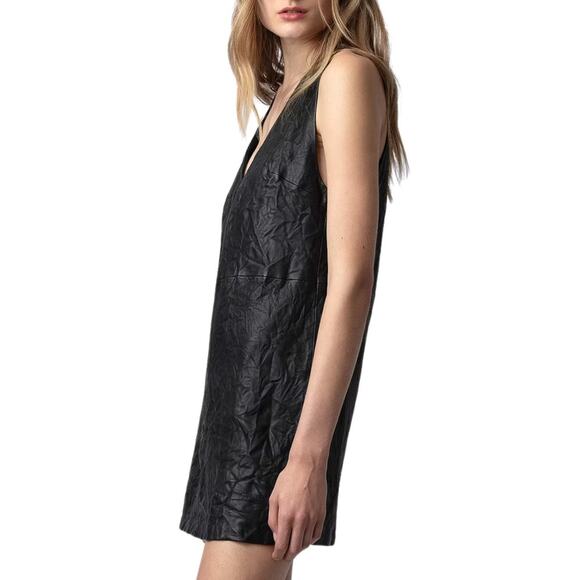 Zadig & Voltaire Rasha Crinkled Leather Sleeveless Mini Dress Black L NWT $698 - Picture 1 of 6